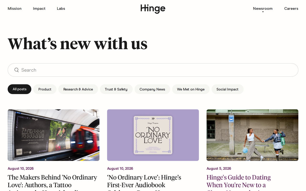 Hinge newsroom page headed 'What's new with us' with filter tabs for Product, Research and Advice, Trust and Safety, Company News, We Met on Hinge and Social Impact.