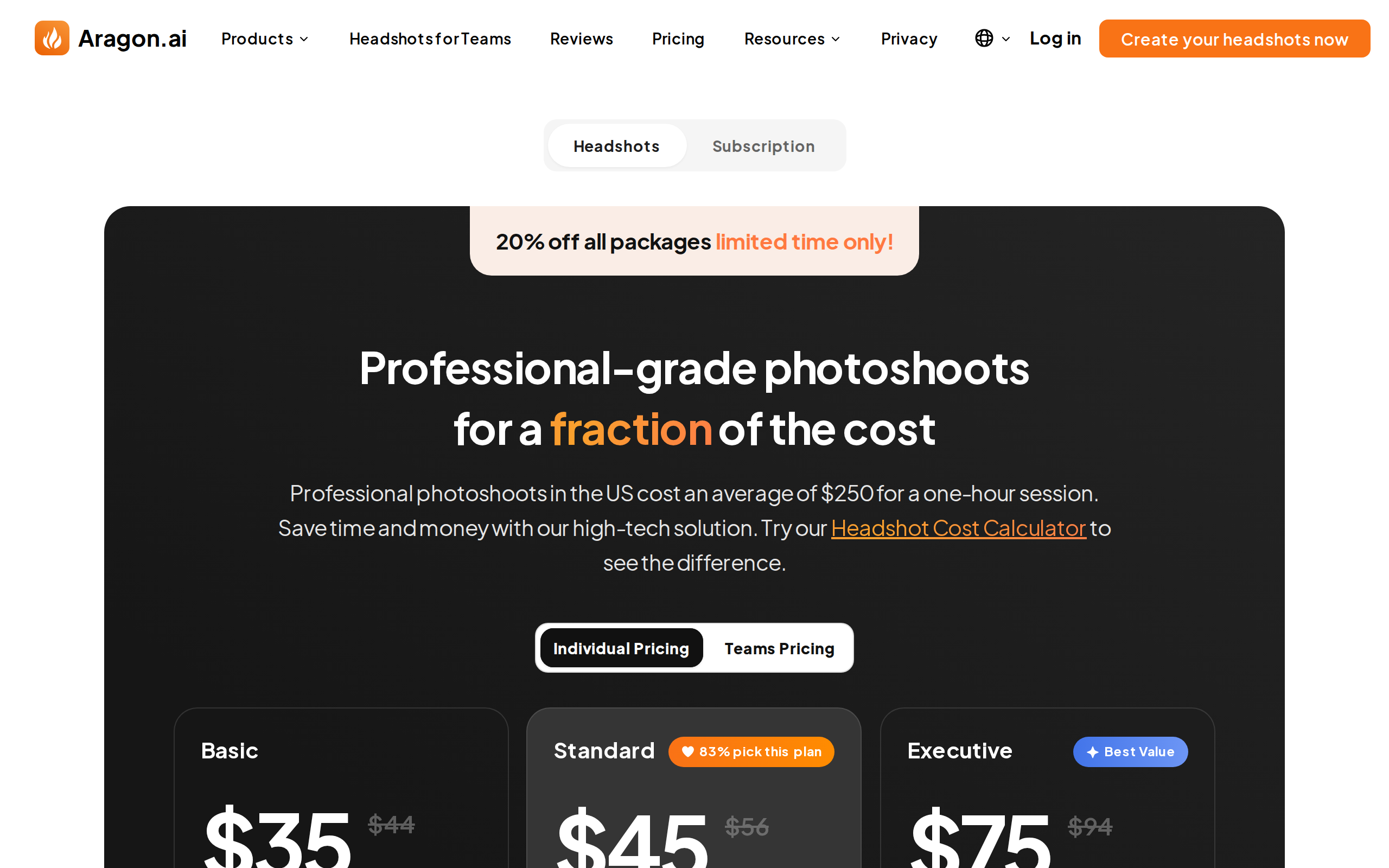 Aragon.ai pricing page headlined 'Professional-grade photoshoots for a fraction of the cost', with a 20 percent off banner and Basic, Standard and Executive packages starting at $35.