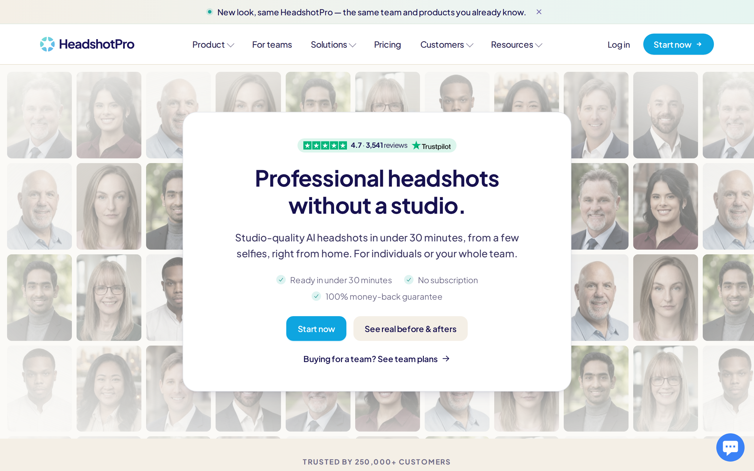 HeadshotPro homepage with the tagline 'Professional headshots without a studio', framed by a grid of sample headshots of people in blazers and shirts against plain corporate backdrops.