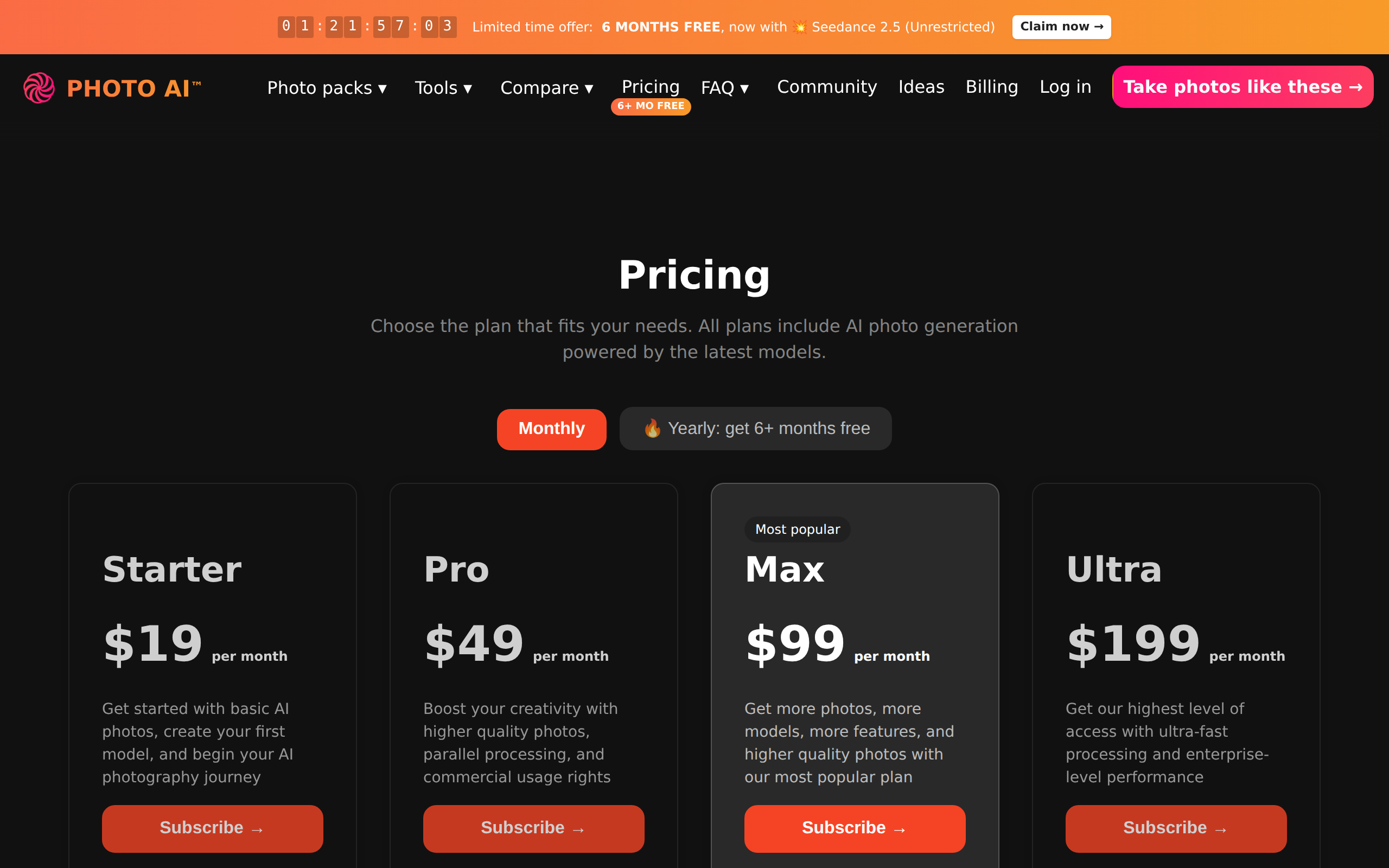 PhotoAI pricing page on monthly billing showing four tiers: Starter at $19 per month, Pro at $49, Max at $99 and Ultra at $199 per month.