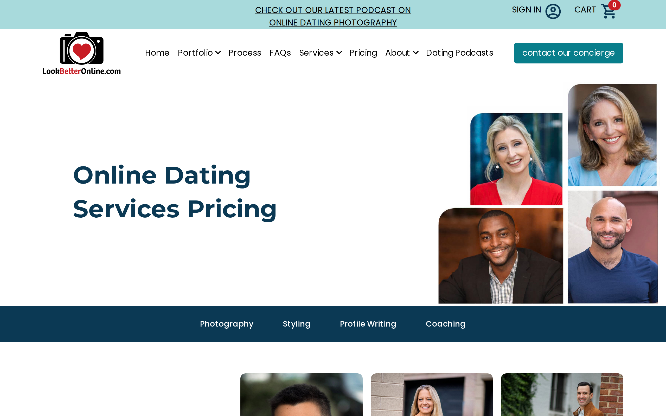 LookBetterOnline pricing page titled Online Dating Services Pricing, with a navigation bar splitting its packages into Photography, Styling, Profile Writing and Coaching.