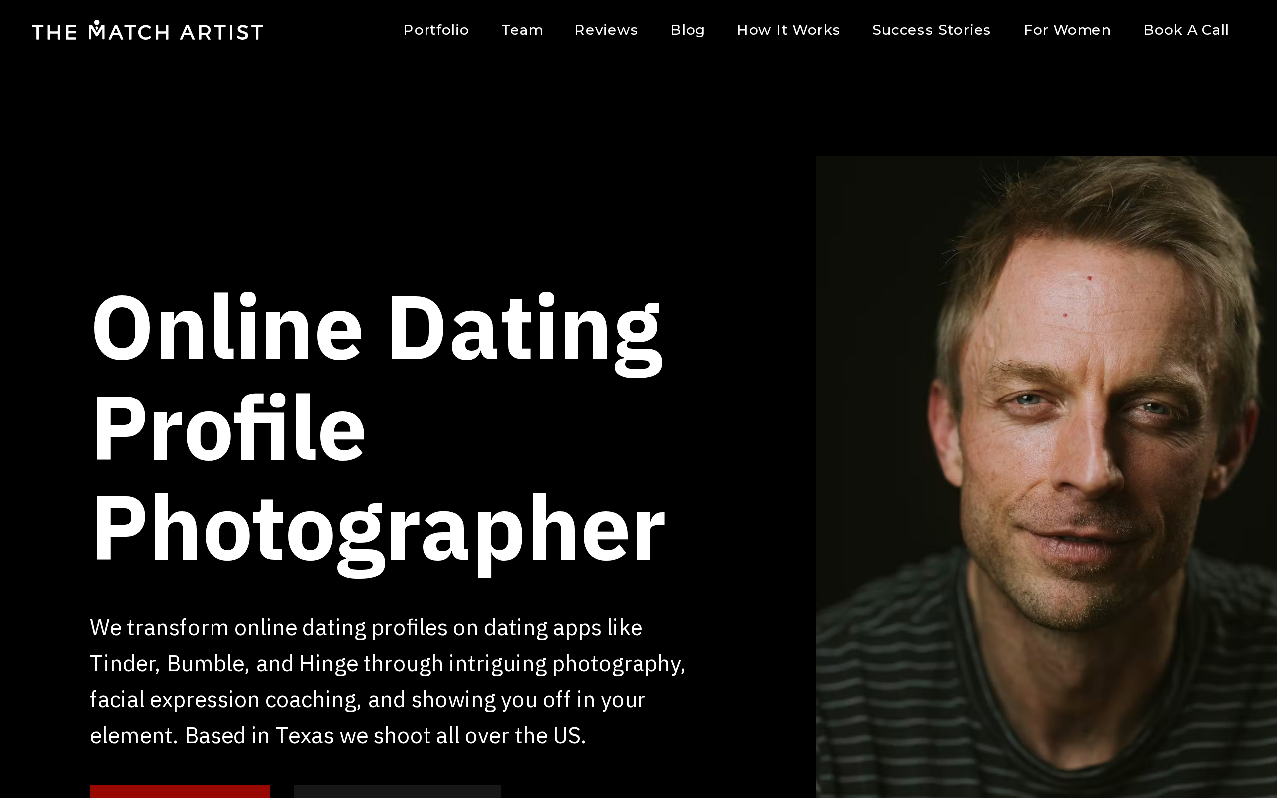 The Match Artist homepage headlined Online Dating Profile Photographer, describing photography and facial expression coaching for Tinder, Bumble and Hinge profiles, shot across the US from a Texas base.