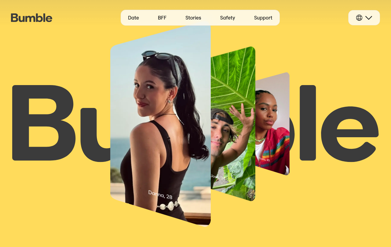 Bumble homepage showing three tilted profile cards labelled Danna 28, Josh 34 and Tiona 30 over the yellow Bumble wordmark.