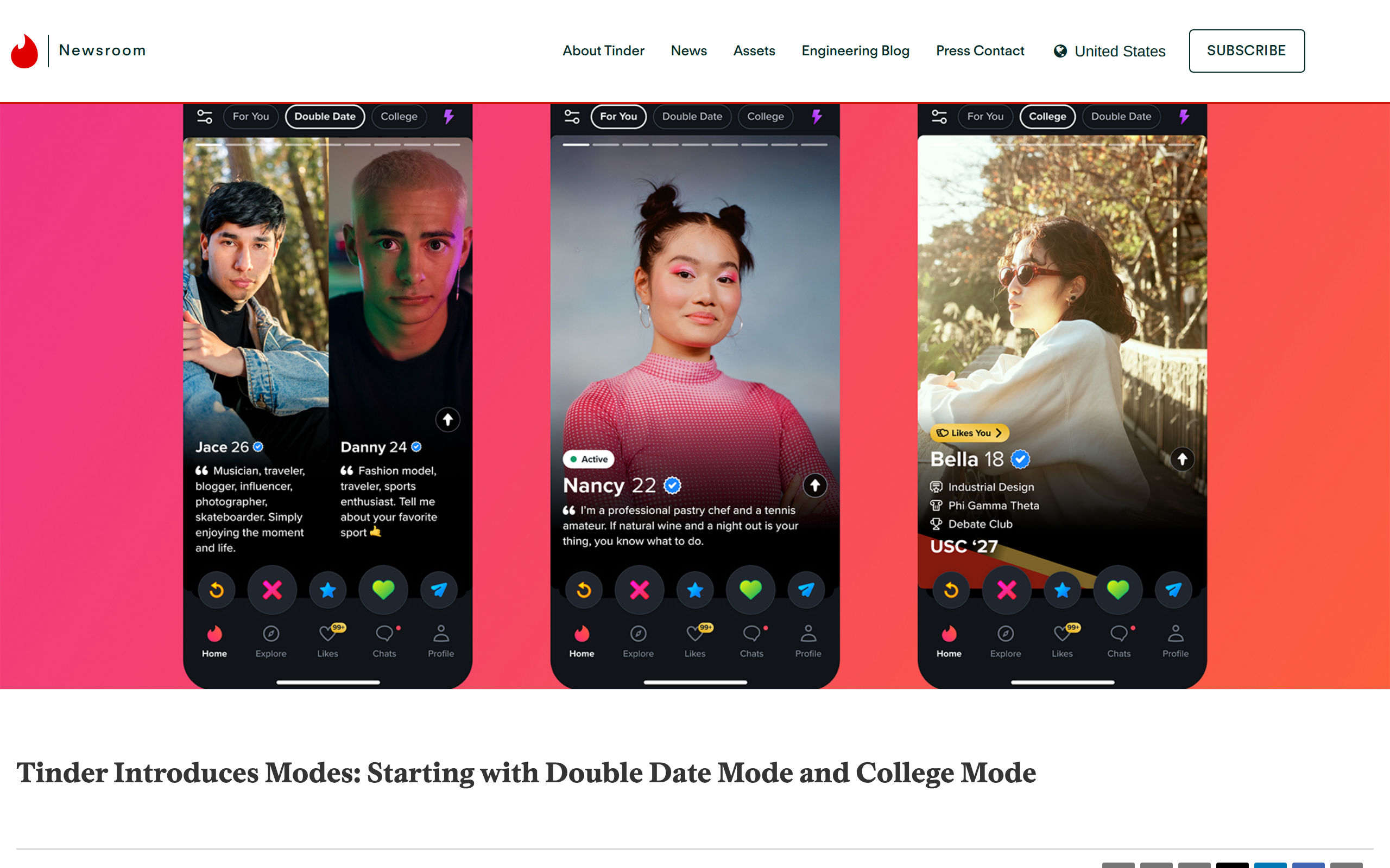 Tinder newsroom announcement showing the Modes nav bar on the Tinder home screen with For You, Double Date and College tabs, and a Double Date card displaying two paired profiles side by side.