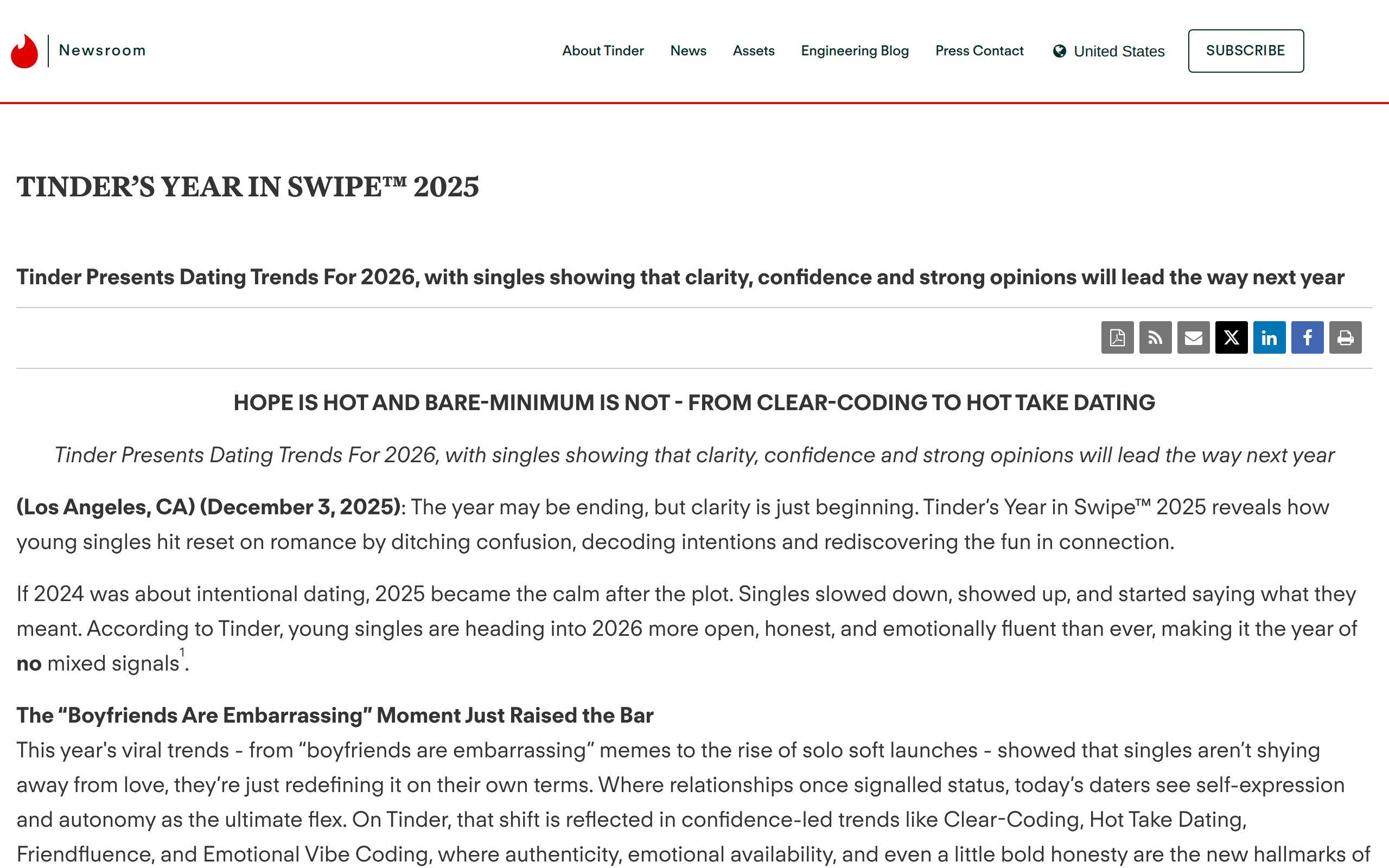 Tinder newsroom page headlined Tinder's Year in Swipe 2025, presenting dating trends for 2026 where clarity, confidence and strong opinions lead the way.