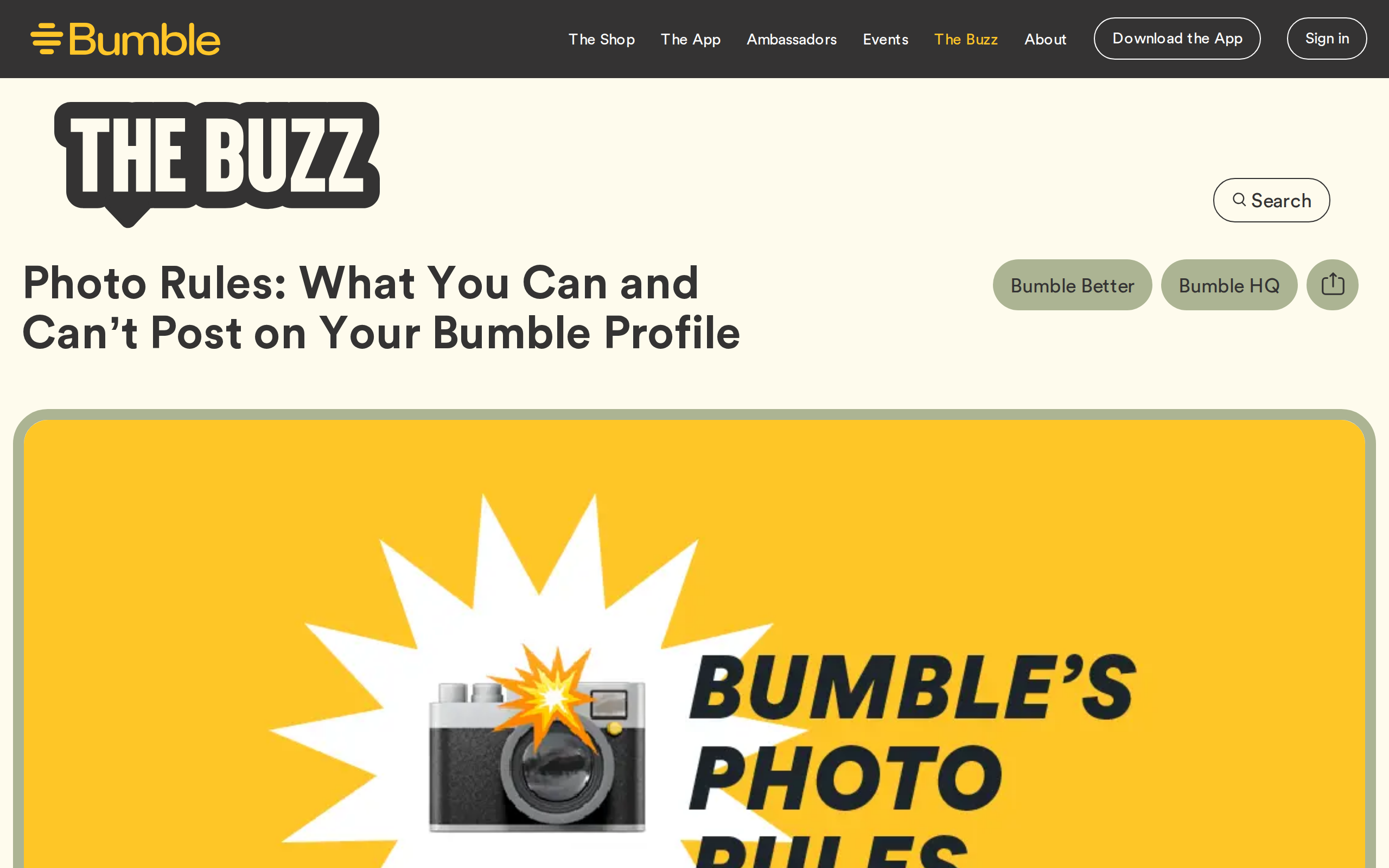 Bumble article on The Buzz headlined Photo Rules: What You Can and Can't Post on Your Bumble Profile, with a yellow graphic of a camera flashing next to the words Bumble's Photo Rules.
