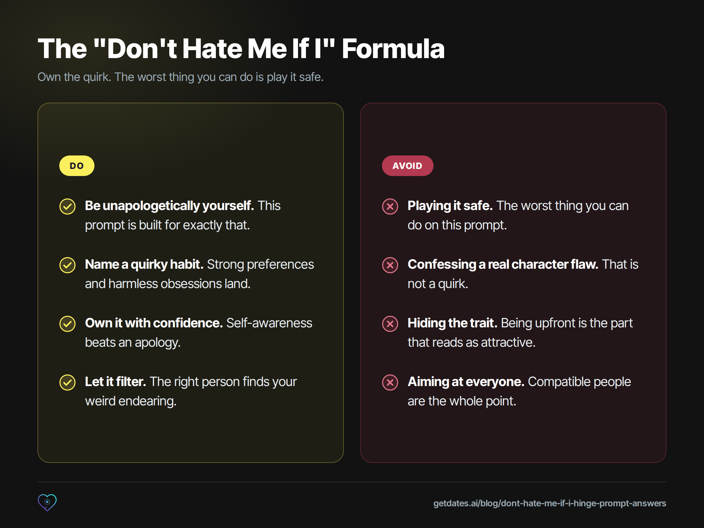 Two-column comparison of what to do and avoid in a 'don't hate me if I' Hinge answer: be unapologetically yourself, name a quirky habit, own it with confidence and let it filter, versus playing it safe, confessing a real character flaw, hiding the trait and aiming at everyone.