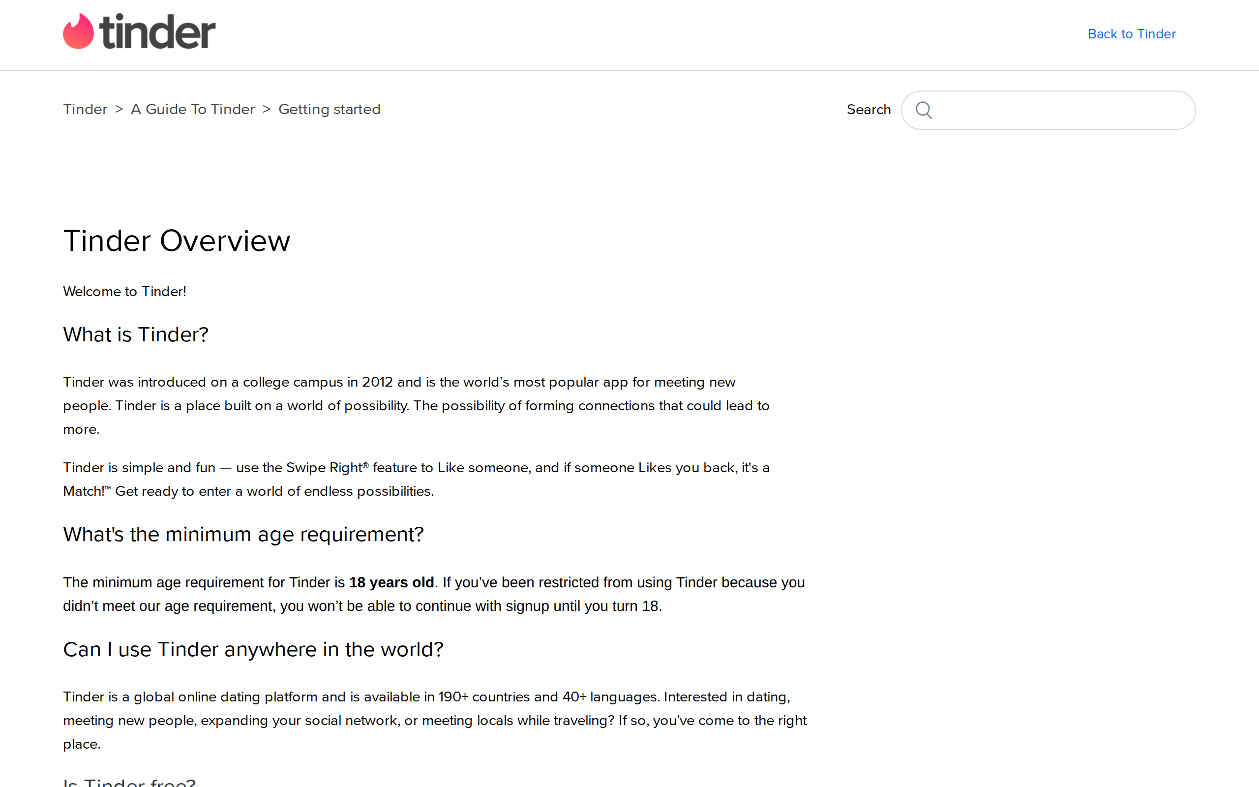 Tinder help centre page titled Tinder Overview, explaining what Tinder is, the 18 year old minimum age requirement, and that the app is available in 190+ countries and 40+ languages.