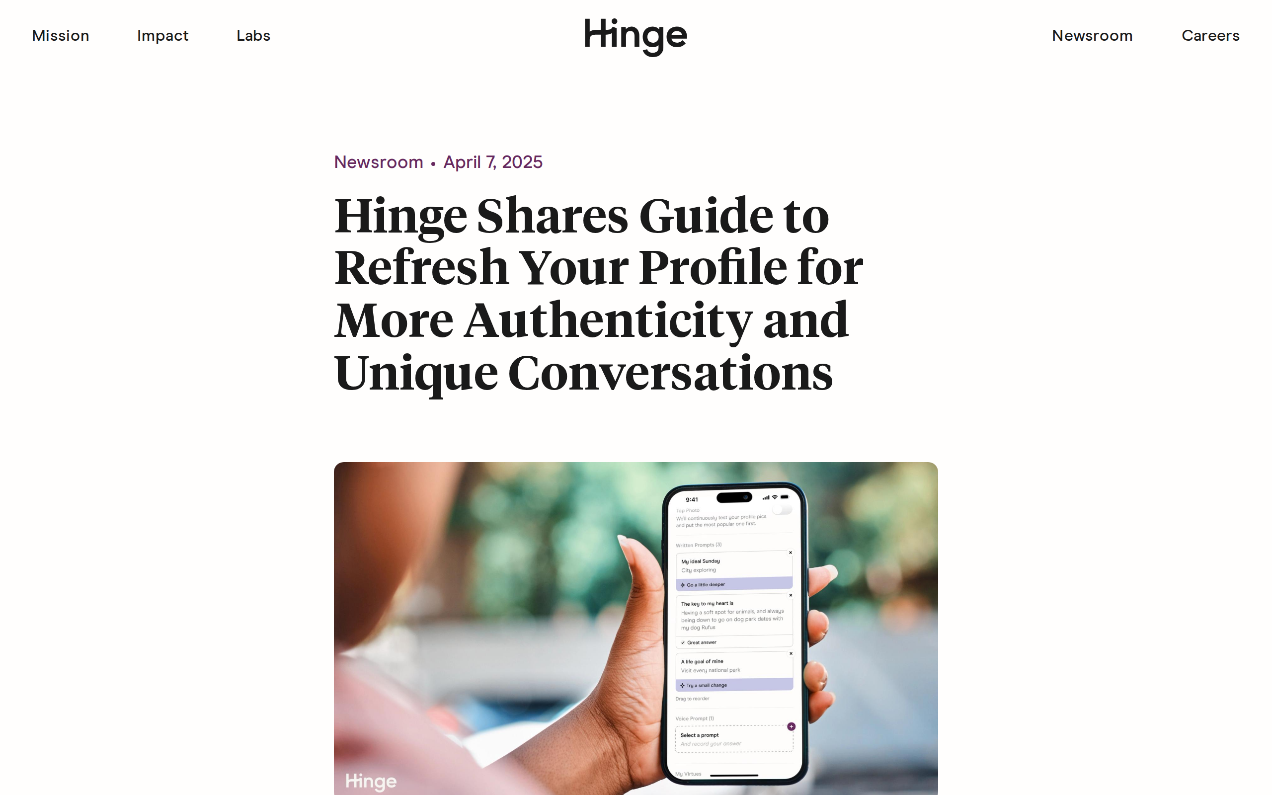 Hinge Newsroom article dated April 7, 2025, headlined 'Hinge Shares Guide to Refresh Your Profile for More Authenticity and Unique Conversations', above a photo of a hand holding a phone on the written prompts editing screen.