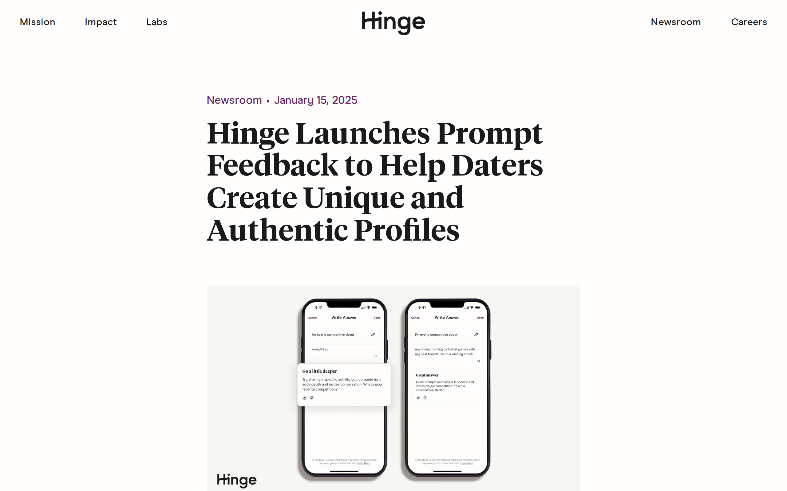 Hinge Newsroom article dated January 15, 2025, headlined 'Hinge Launches Prompt Feedback to Help Daters Create Unique and Authentic Profiles', above two phone screens showing the Write Answer screen nudging a vague answer of 'everything' toward a specific one.