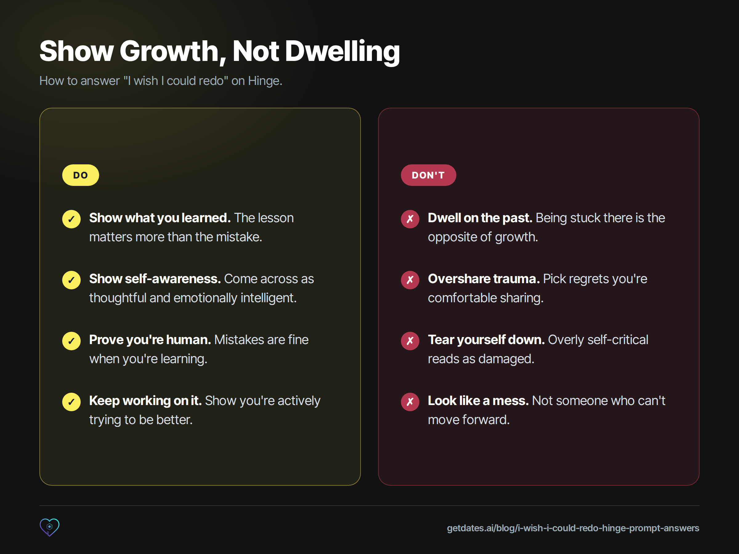 Do and don't comparison titled 'Show Growth, Not Dwelling' for the 'I wish I could redo' Hinge prompt. Do: show what you learned, show self-awareness, prove you're human, keep working on it. Don't: dwell on the past, overshare trauma, tear yourself down, look like a mess.