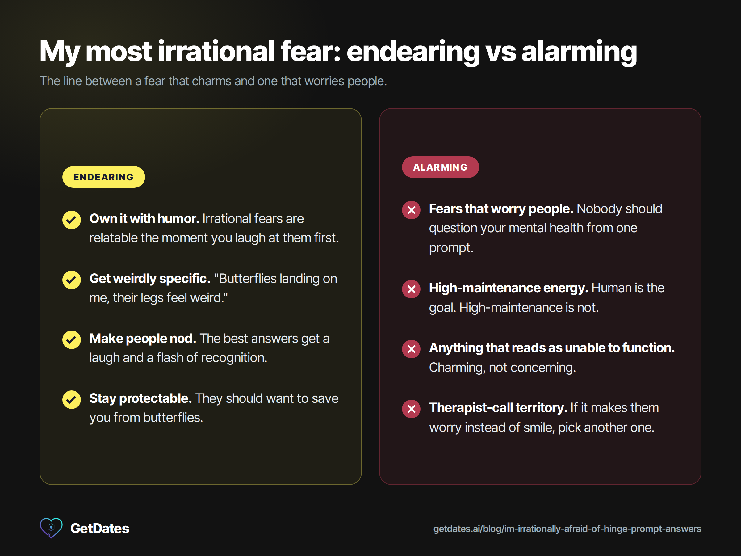 Two-column comparison of Hinge irrational fear answers: endearing means own it with humor, get weirdly specific, make people nod and stay protectable, while alarming means fears that worry people, high-maintenance energy, sounding unable to function and therapist-call territory.
