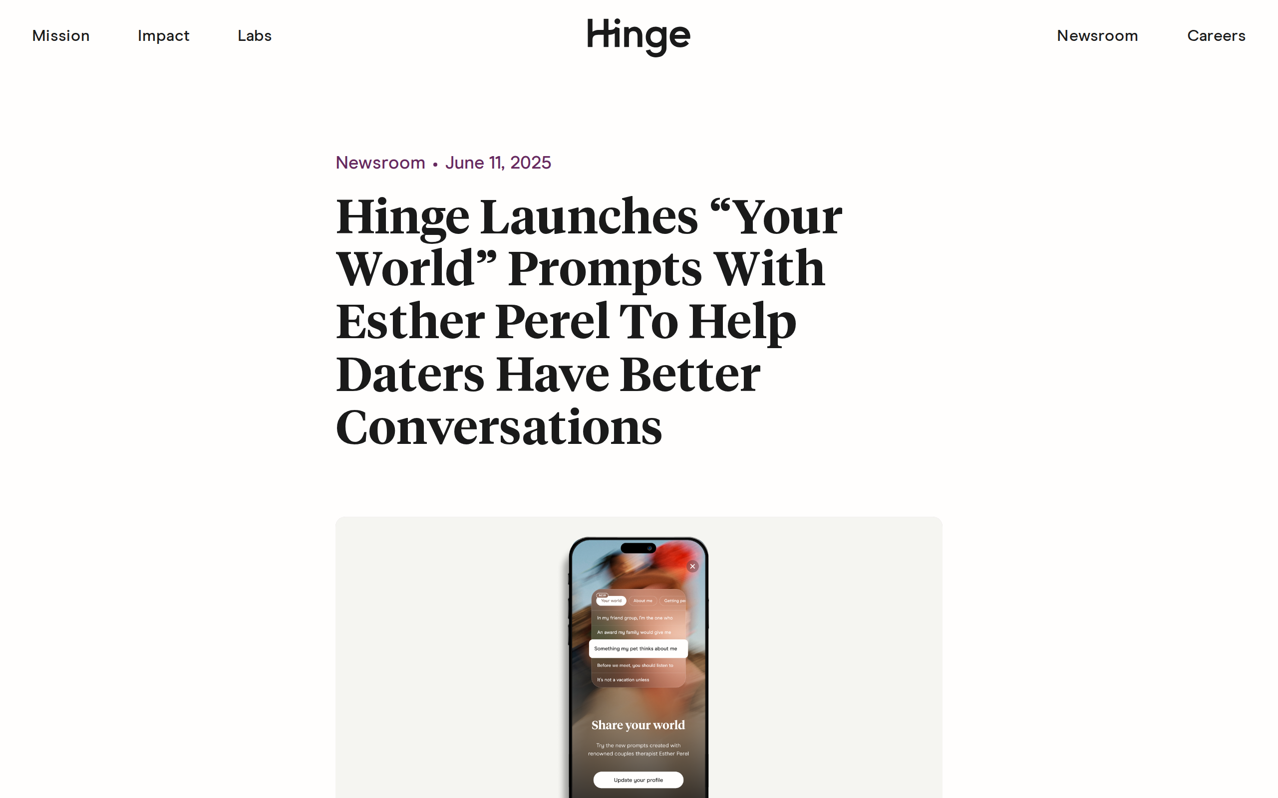 Hinge Newsroom article headlined 'Hinge Launches Your World Prompts With Esther Perel To Help Daters Have Better Conversations', dated June 11 2025, above a phone screen showing a Share your world prompt picker.