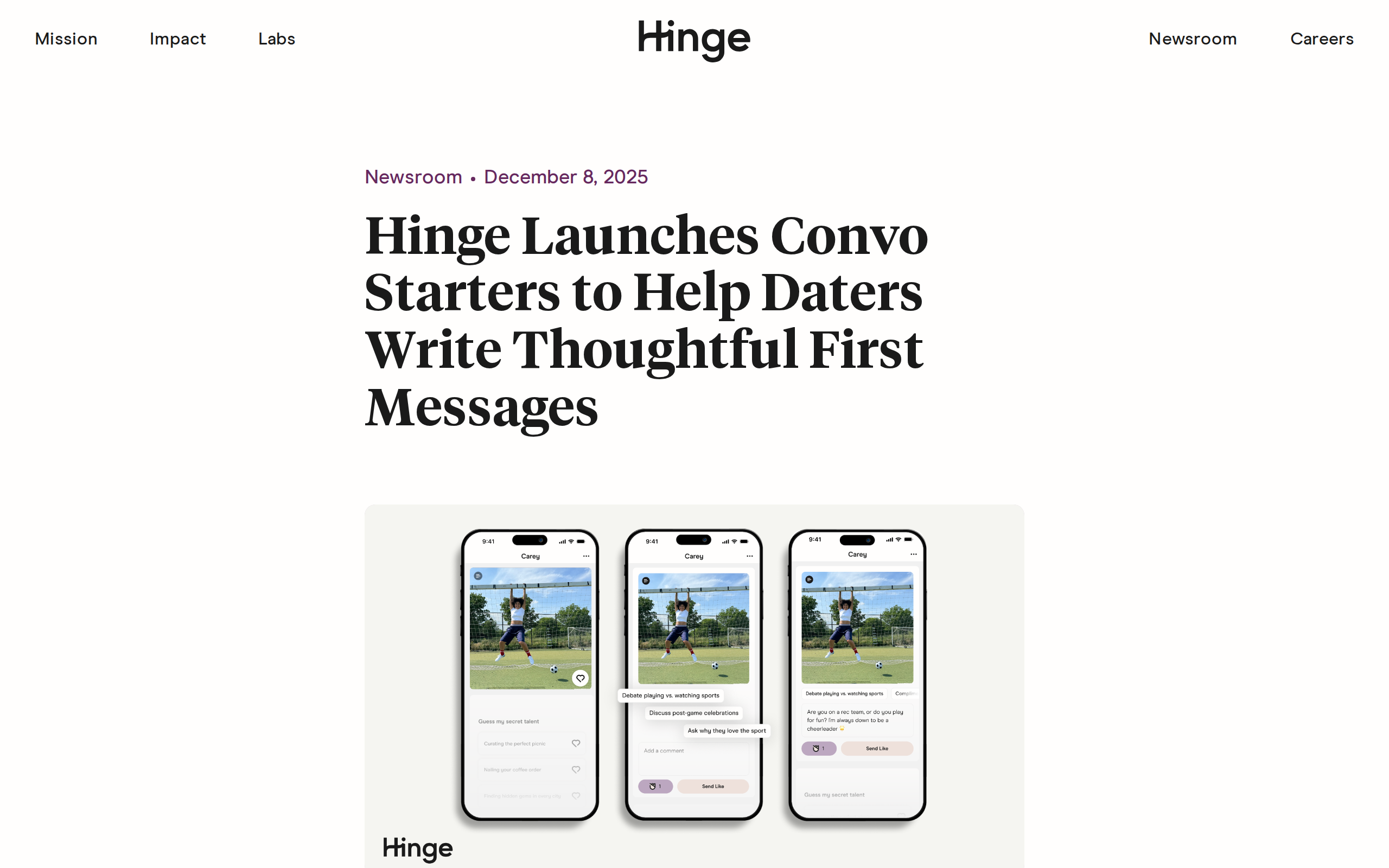 Hinge Newsroom article dated December 8, 2025, headlined 'Hinge Launches Convo Starters to Help Daters Write Thoughtful First Messages', above three phone screens showing suggested openers generated from a match's prompt answer.