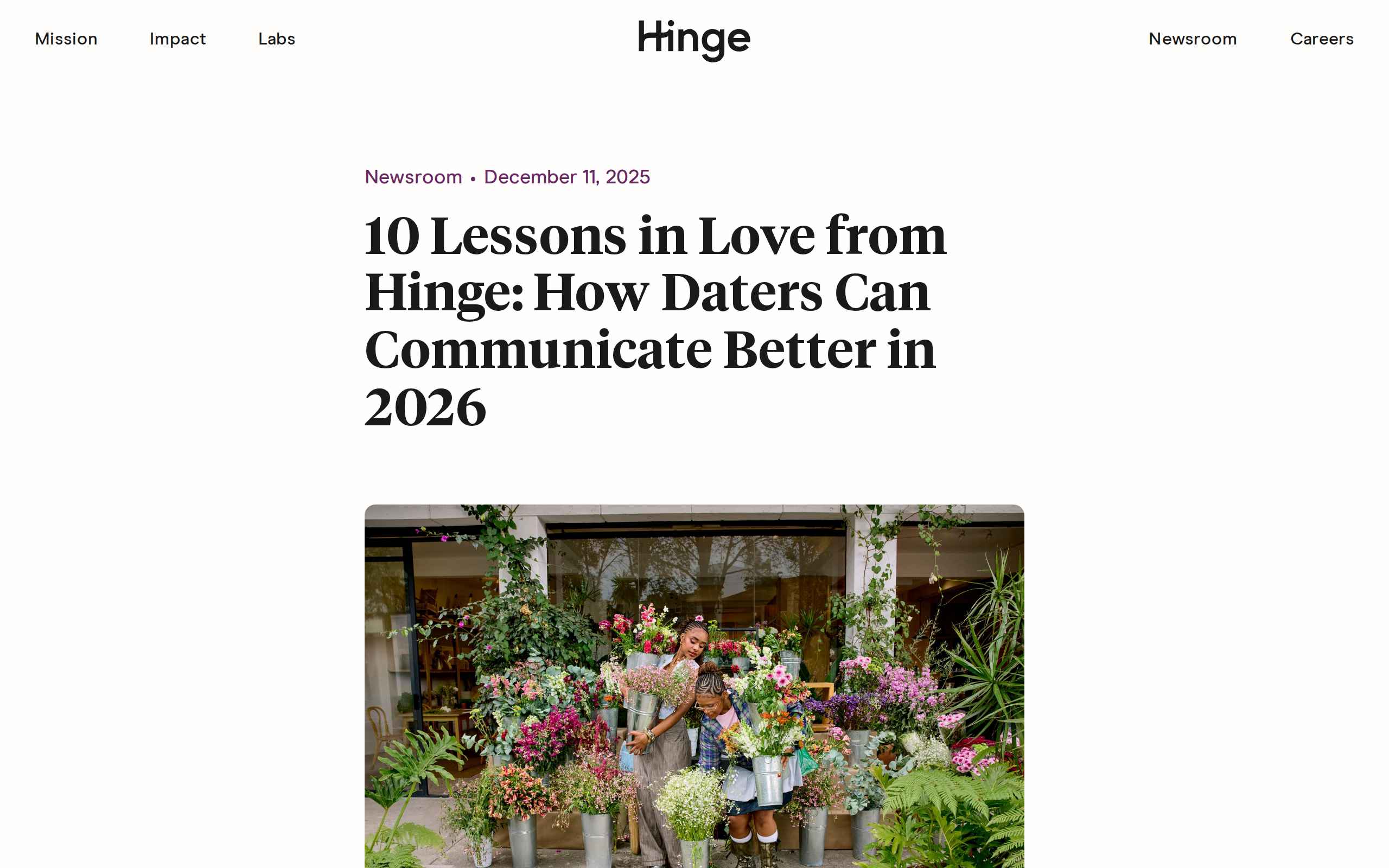 Hinge Newsroom article dated December 11, 2025, headlined '10 Lessons in Love from Hinge: How Daters Can Communicate Better in 2026', above a photo of two people picking flowers outside a florist.
