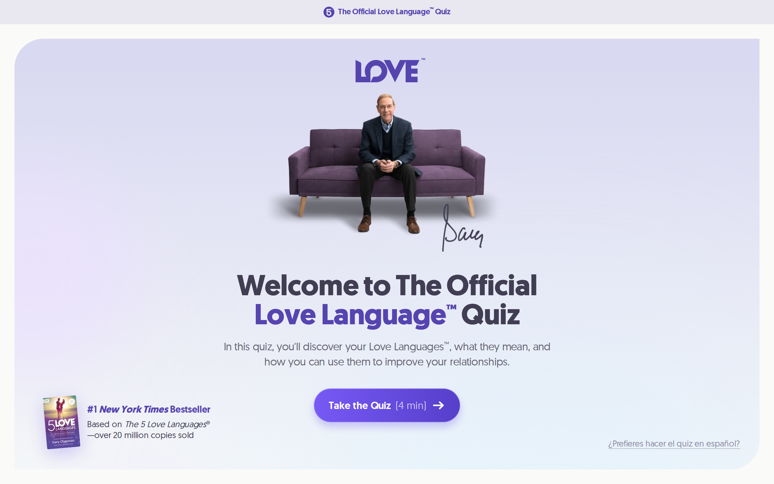 The official Love Language quiz landing page showing Gary Chapman seated on a purple couch above a Take the Quiz button, with a note that the quiz is based on The 5 Love Languages, a number one New York Times bestseller with over 20 million copies sold.