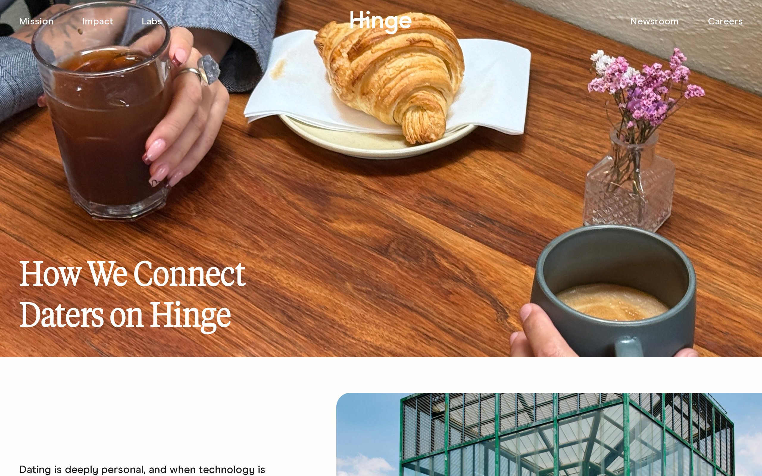Hinge page titled 'How We Connect Daters on Hinge' over a photo of two people sharing coffee and a croissant at a wooden cafe table